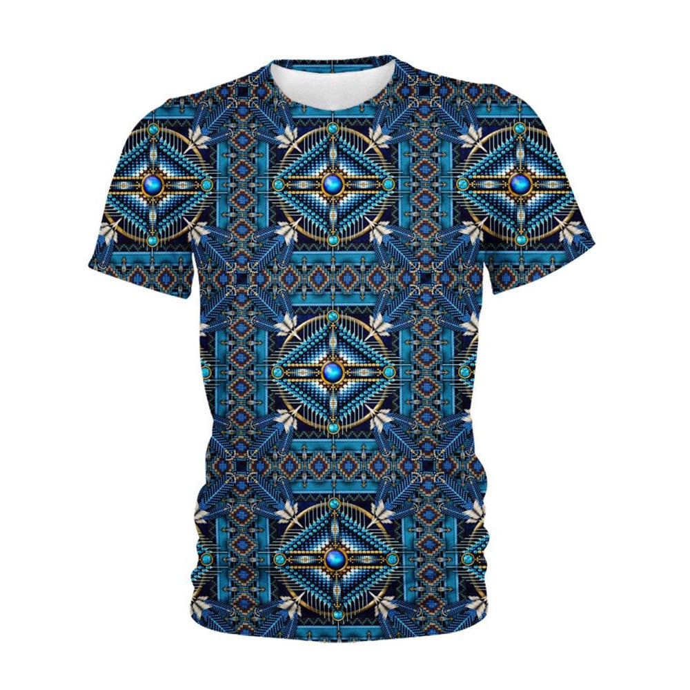 Native American T Shirt, Native American Connecting Pattern Turquoise All Over Printed T Shirt, Native American Graphic Tee For Men Women