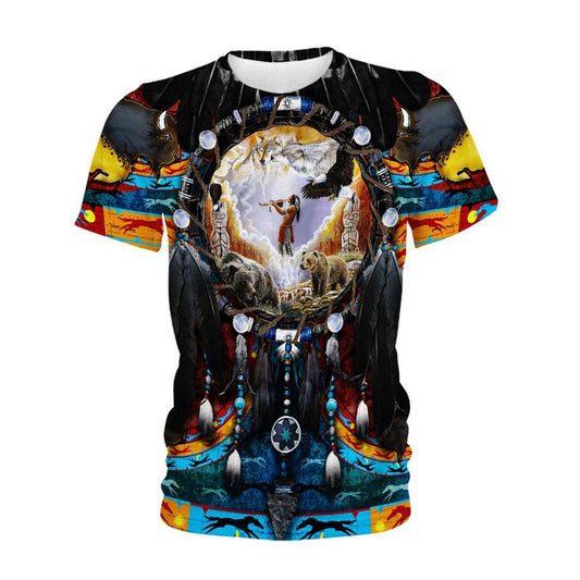 Native American T Shirt, Native American Convering Animals All Over Printed T Shirt, Native American Graphic Tee For Men Women
