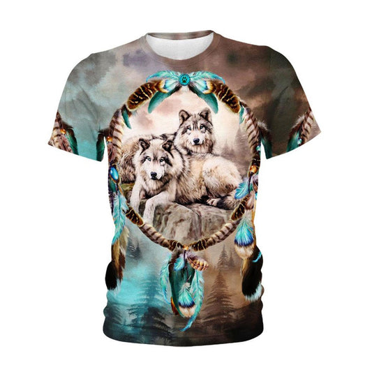 Native American T Shirt, Native American Cute Wolves Couple All Over Printed T Shirt, Native American Graphic Tee For Men Women