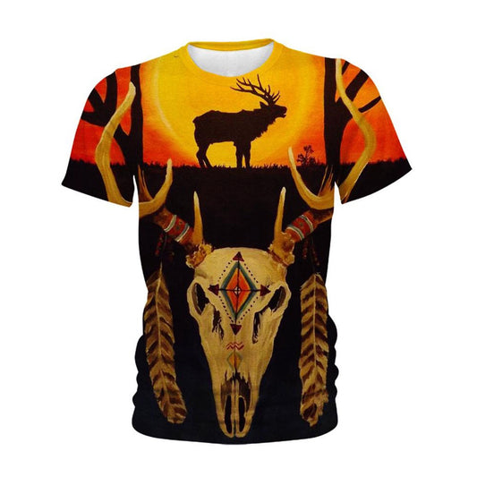Native American T Shirt, Native American Deer & Bison Skull All Over Printed T Shirt, Native American Graphic Tee For Men Women