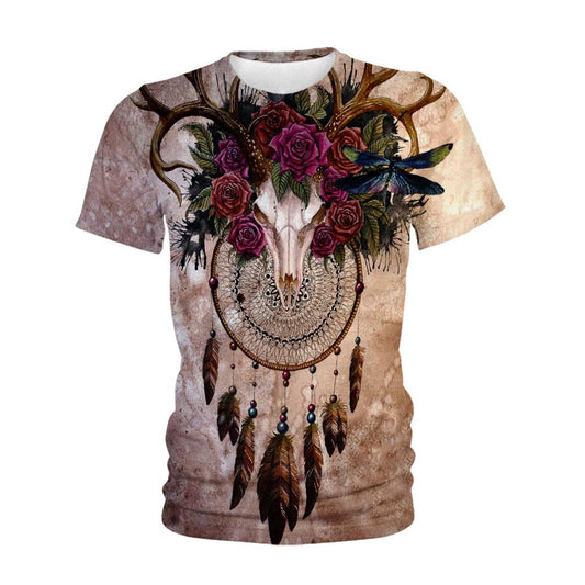 Native American T Shirt, Native American Deer Skull All Over Printed T Shirt, Native American Graphic Tee For Men Women