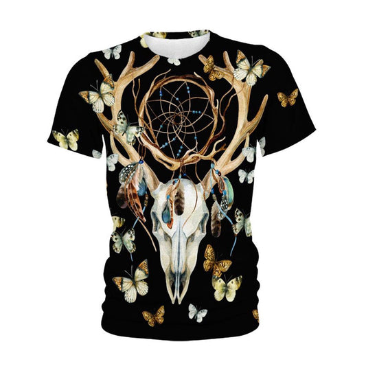 Native American T Shirt, Native American Deer Skull Butterfly All Over Printed T Shirt, Native American Graphic Tee For Men Women