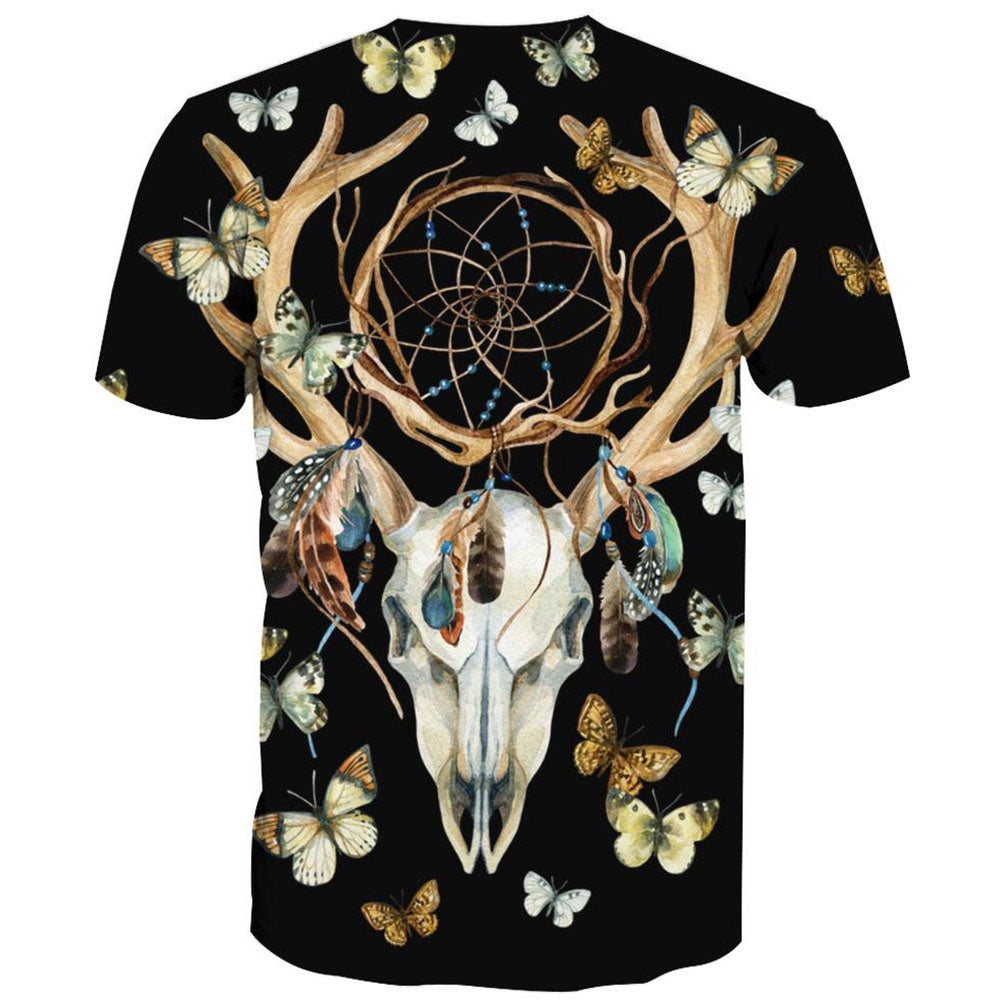 Native American T Shirt, Native American Deer Skull Butterfly All Over Printed T Shirt, Native American Graphic Tee For Men Women