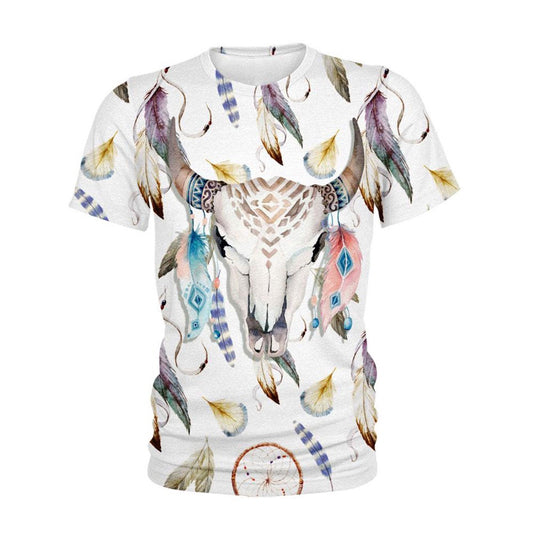 Native American T Shirt, Native American Deer Skull Feathers All Over Printed T Shirt, Native American Graphic Tee For Men Women