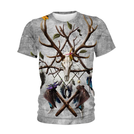 Native American T Shirt, Native American Deer Skull Poleax All Over Printed T Shirt, Native American Graphic Tee For Men Women