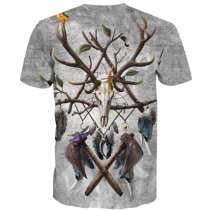 Native American T Shirt, Native American Deer Skull Poleax All Over Printed T Shirt, Native American Graphic Tee For Men Women