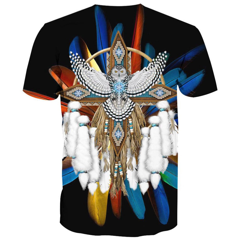 Native American T Shirt, Native American Feather Backgroud Eagle All Over Printed T Shirt, Native American Graphic Tee For Men Women