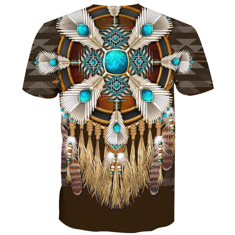 Native American T Shirt, Native American Feathers Blue All Over Printed T Shirt, Native American Graphic Tee For Men Women
