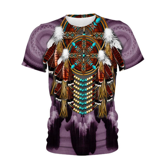 Native American T Shirt, Native American Feathers Purple All Over Printed T Shirt, Native American Graphic Tee For Men Women
