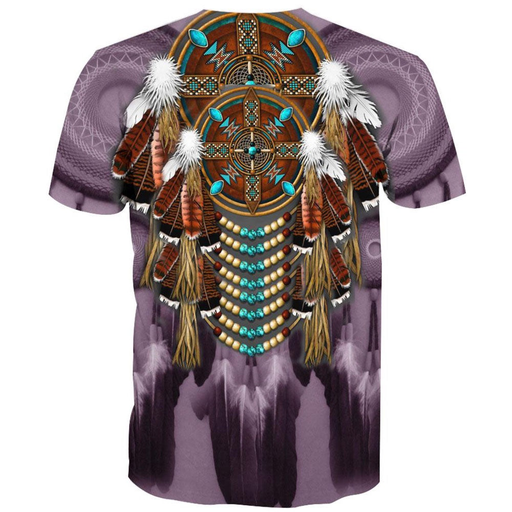 Native American T Shirt, Native American Feathers Purple All Over Printed T Shirt, Native American Graphic Tee For Men Women