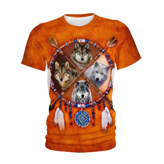 Native American T Shirt, Native American Four Wolfs All Over Printed T Shirt, Native American Graphic Tee For Men Women
