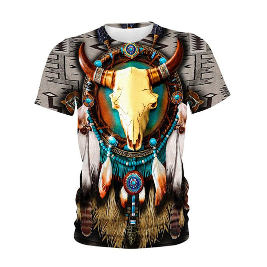 Native American T Shirt, Native American Gold Bison Skull All Over Printed T Shirt, Native American Graphic Tee For Men Women