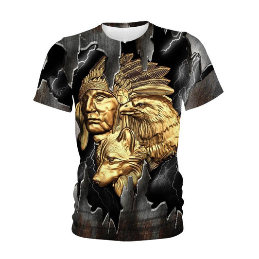 Native American T Shirt, Native American Gold Indian Chief & Eagle All Over Printed T Shirt, Native American Graphic Tee For Men Women