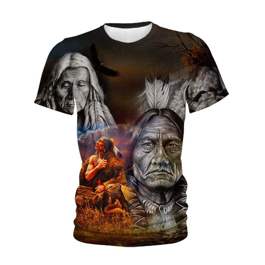Native American T Shirt, Native American Gray Old Indian Chief & Buffalo All Over Printed T Shirt, Native American Graphic Tee For Men Women