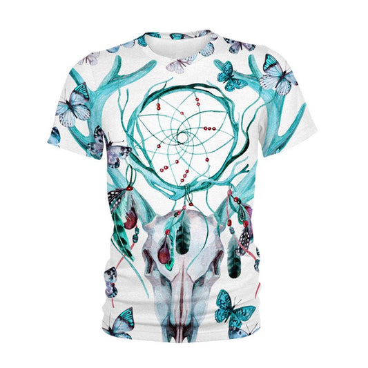 Native American T Shirt, Native American Green Deer Skull Butterfly All Over Printed T Shirt, Native American Graphic Tee For Men Women