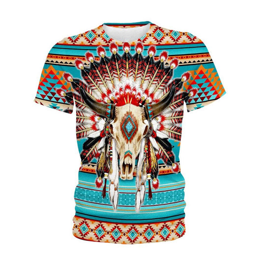 Native American T Shirt, Native American Indian Bison Skull All Over Printed T Shirt, Native American Graphic Tee For Men Women