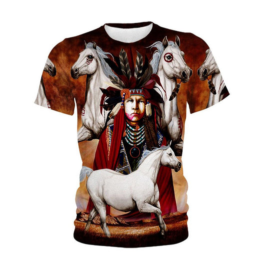 Native American T Shirt, Native American Indian Chief And White Horses All Over Printed T Shirt, Native American Graphic Tee For Men Women
