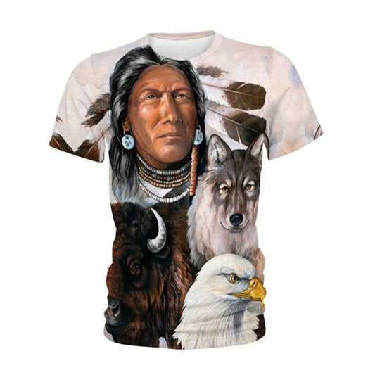 Native American T Shirt, Native American Indian Chief & Animals All Over Printed T Shirt, Native American Graphic Tee For Men Women