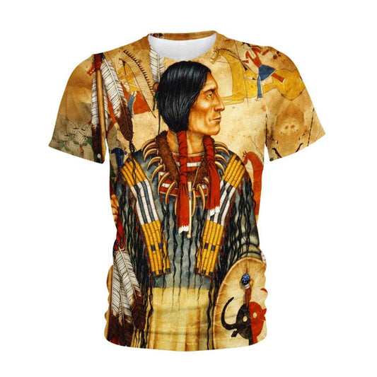 Native American T Shirt, Native American Indian Chief Brown Backgroud All Over Printed T Shirt, Native American Graphic Tee For Men Women