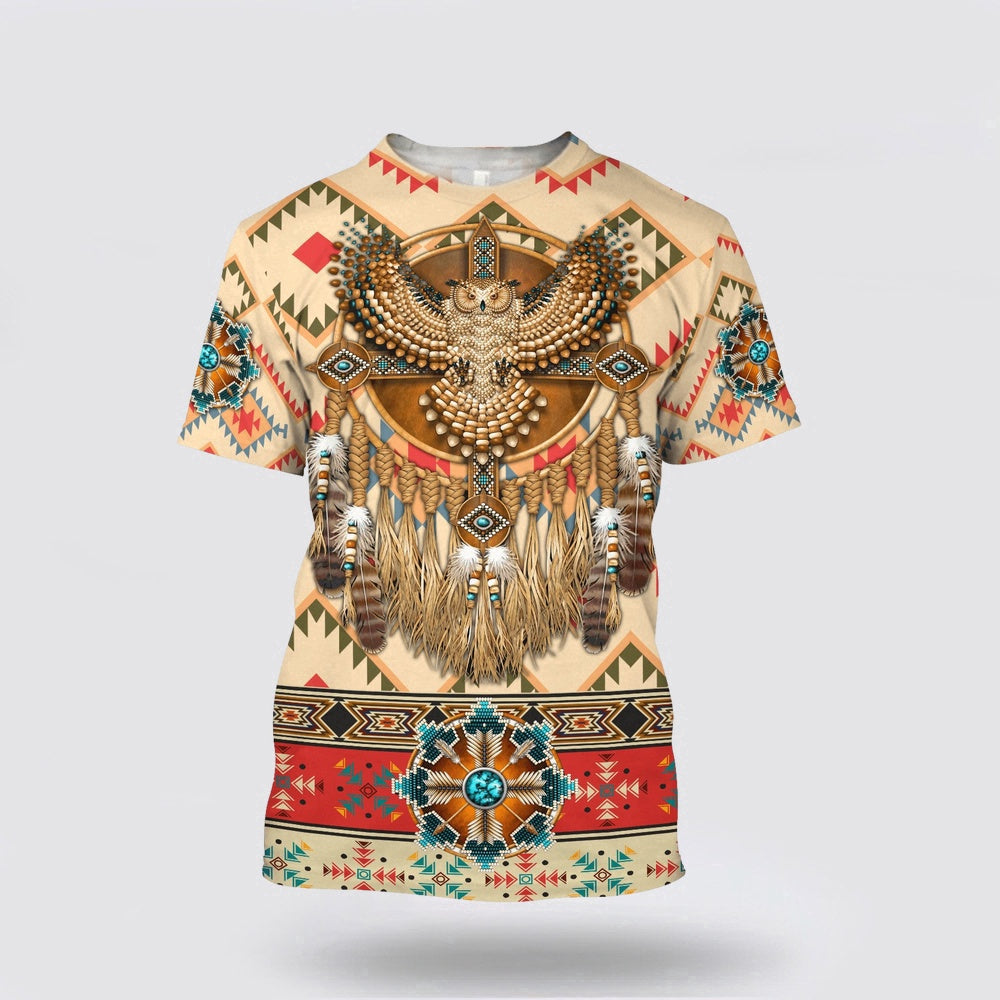 Native American T Shirt, Owl Patterns Native American 3D All Over Printed T Shirt, Native American Graphic Tee For Men Women