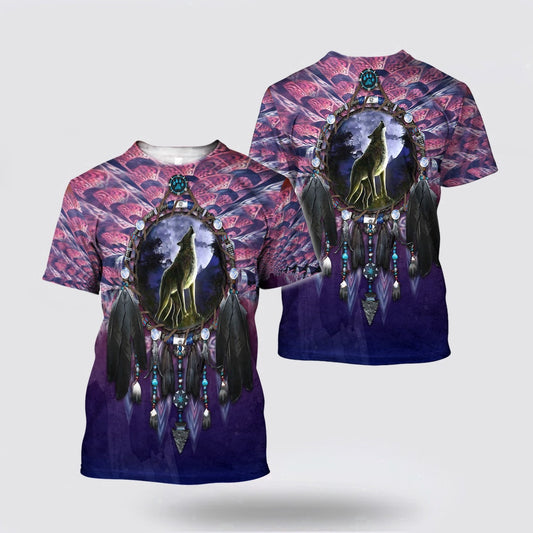Native American T Shirt, Wolf Under The Moon Native American 3D All Over Printed T Shirt, Native American Graphic Tee For Men Women