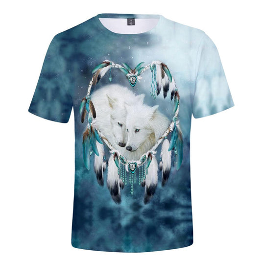 Native American T Shirt, Wolves Heart Dreamcatcher Native American 3D All Over Printed T Shirt, Native American Graphic Tee For Men Women