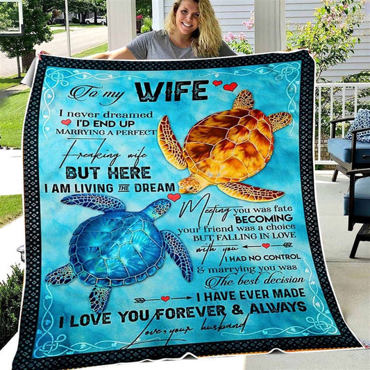 Personalized Blue Sea Pattern Blanket, To My Turtle Wife Blanket From husband On Valentine Wedding Anniversary, Valentine Blanket