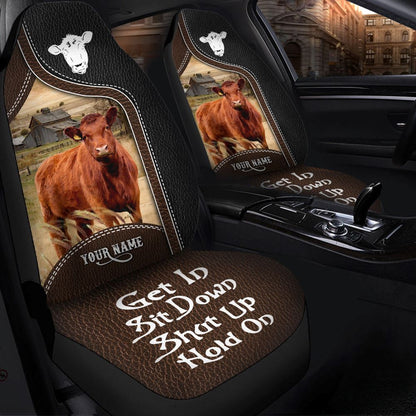 Red Angus Personalized Name Black And Brown Leather Pattern Car Seat Covers, Farm Car Seat Cover, Cow Print Seat Covers For Trucks