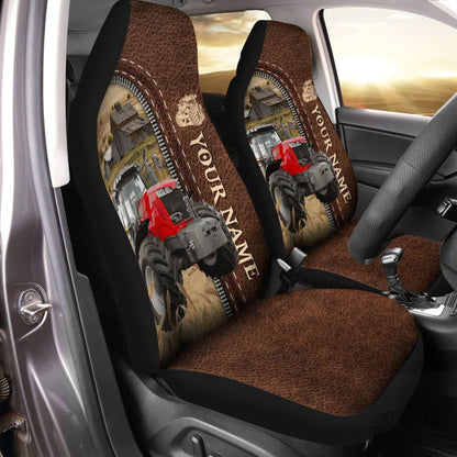 Red Tractor Personalized Name Leather Pattern Car Seat Covers, Farm Car Seat Cover, Cow Print Seat Covers For Trucks