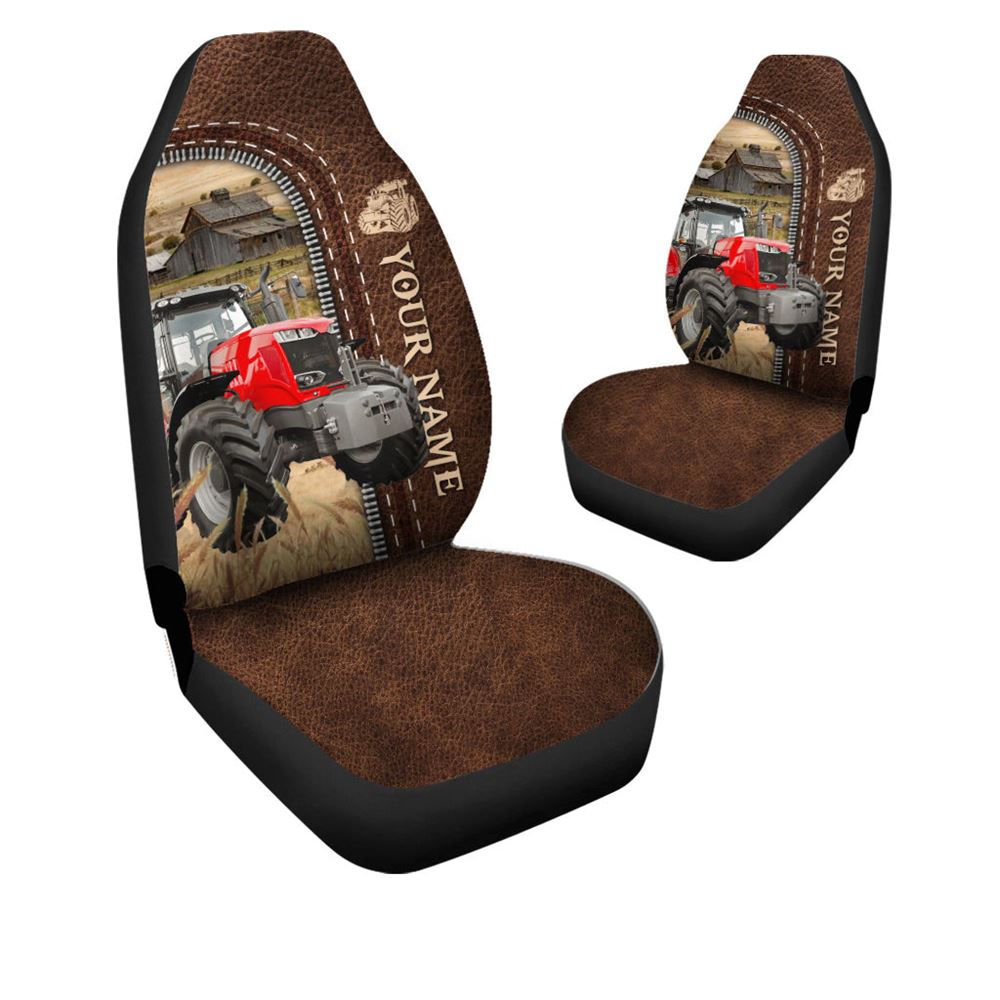 Red Tractor Personalized Name Leather Pattern Car Seat Covers, Farm Car Seat Cover, Cow Print Seat Covers For Trucks