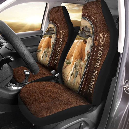 Simmental Personalized Name Leather Pattern Car Seat Covers, Farm Car Seat Cover, Cow Print Seat Covers For Trucks
