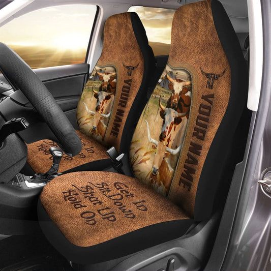 Texas Longhorn Happiness Personalized Name Leather Pattern Car Seat Covers, Farm Car Seat Cover, Cow Print Seat Covers For Trucks