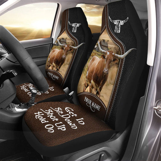 Texas Longhorn Personalized Name Black And Brown Leather Pattern Car Seat Covers, Farm Car Seat Cover, Cow Print Seat Covers For Trucks
