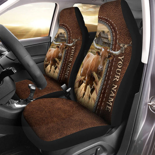 Texas Longhorn Personalized Name Leather Pattern Car Seat Covers, Farm Car Seat Cover, Cow Print Seat Covers For Trucks