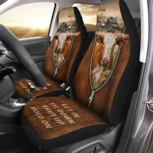 Texas Longhorn Zipper Leather Pattern Car Seat Covers, Farm Car Seat Cover, Cow Print Seat Covers For Trucks