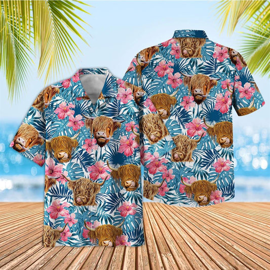Tropical Highland Blue Pink Floral 3D Hawaiian Shirt, Farm Hawaiian Shirt, Summer Beach Shirt, Animal Shirt
