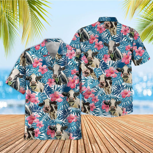 Tropical Holstein Blue Pink Floral 3D Hawaiian Shirt, Farm Hawaiian Shirt, Summer Beach Shirt, Animal Shirt