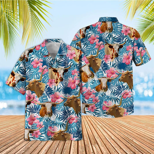 Tropical Texas Longhorn Blue Pink Floral 3D Hawaiian Shirt, Farm Hawaiian Shirt, Summer Beach Shirt, Animal Shirt