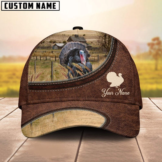 Turkey On The Farm Customized Name Leather Pattern Cap, Farm Cap, Farmer Baseball Cap, Cow Cap, Cow Gift, Farm Animal Hat