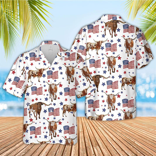 Tx Longhorn American Flag Pattern Hawaiian Shirt, Farm Hawaiian Shirt, Summer Beach Shirt, Animal Shirt