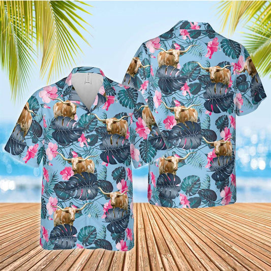 Tx Longhorn Blue Hibiscus Hawaiian Shirt, Farm Hawaiian Shirt, Summer Beach Shirt, Animal Shirt