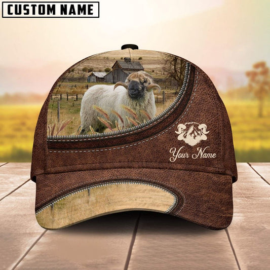 Valais Blacknose On The Farm Customized Name Leather Pattern Cap, Farm Cap, Farmer Baseball Cap, Cow Cap, Cow Gift, Farm Animal Hat