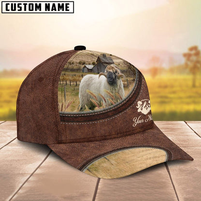 Valais Blacknose On The Farm Customized Name Leather Pattern Cap, Farm Cap, Farmer Baseball Cap, Cow Cap, Cow Gift, Farm Animal Hat