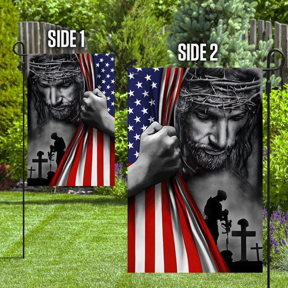 Veteran Stand For The House Flags Kneel For The Cross Jesus American House Flags, Christian Flag, Religious Flag, Christian Outdoor Decor