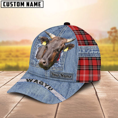 Wagyu Overall Jeans Pattern And Red Caro Pattern Customized Name Cap, Farm Cap, Farmer Baseball Cap, Cow Cap, Cow Gift, Farm Animal Hat