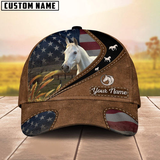 White Horse Leather Pattern American Customized Name Cap, Farm Cap, Farmer Baseball Cap, Cow Cap, Cow Gift, Farm Animal Hat