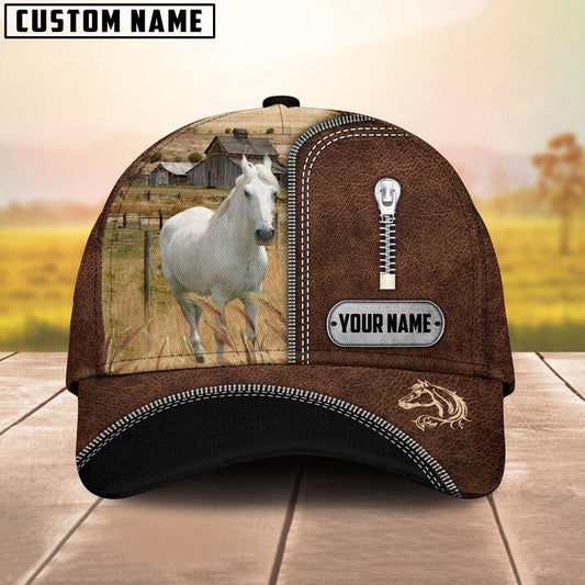 White Horse Leather Zip Pattern Customized Name Cap, Farm Cap, Farmer Baseball Cap, Cow Cap, Cow Gift, Farm Animal Hat