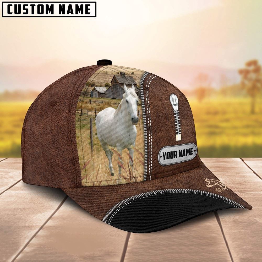 White Horse Leather Zip Pattern Customized Name Cap, Farm Cap, Farmer Baseball Cap, Cow Cap, Cow Gift, Farm Animal Hat