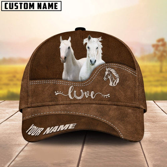 White Horse Love Leather Pattern Customized Name Cap, Farm Cap, Farmer Baseball Cap, Cow Cap, Cow Gift, Farm Animal Hat
