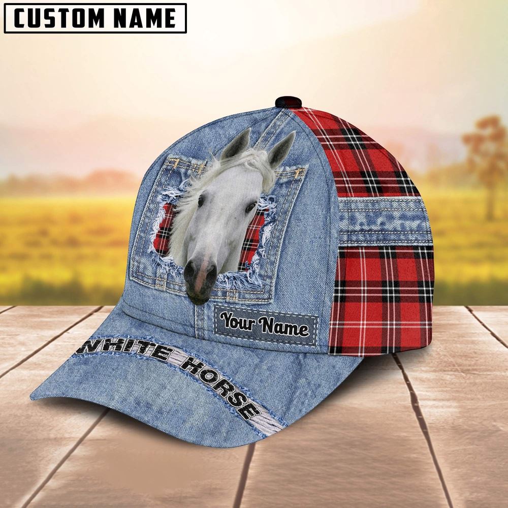 White Horse Overall Jeans Pattern And Red Caro Pattern Customized Name Cap, Farm Cap, Farmer Baseball Cap, Cow Cap, Cow Gift, Farm Animal Hat